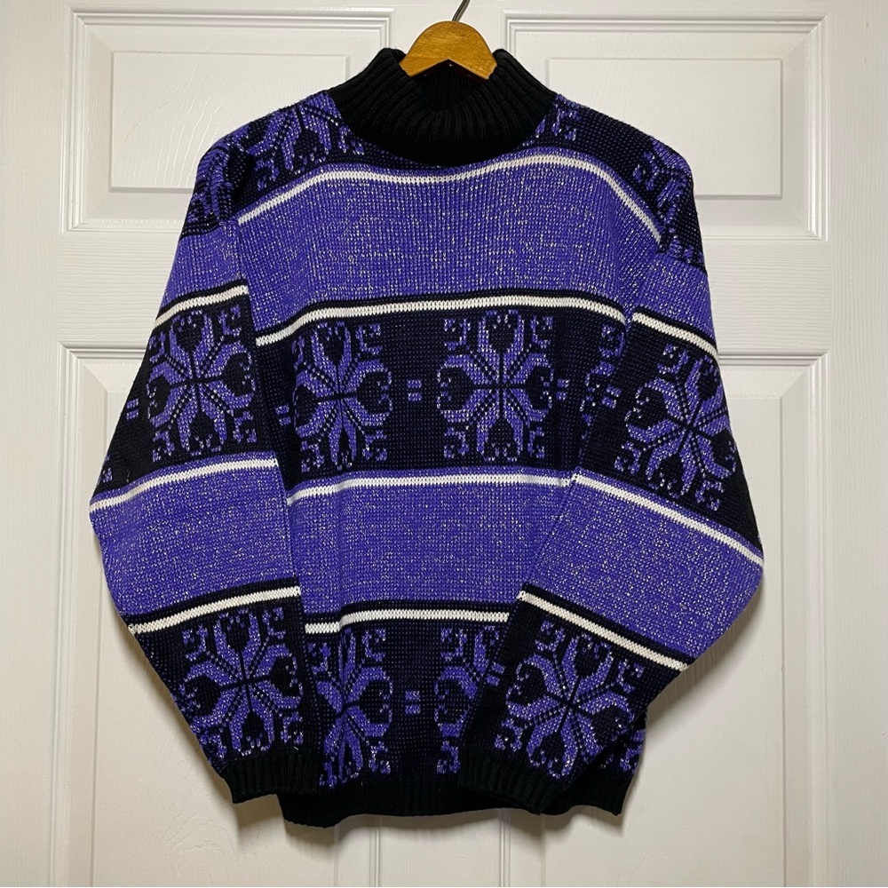 Vintage USA Acrylic Womens Medium Purple Black Turtleneck Sweater Pullover